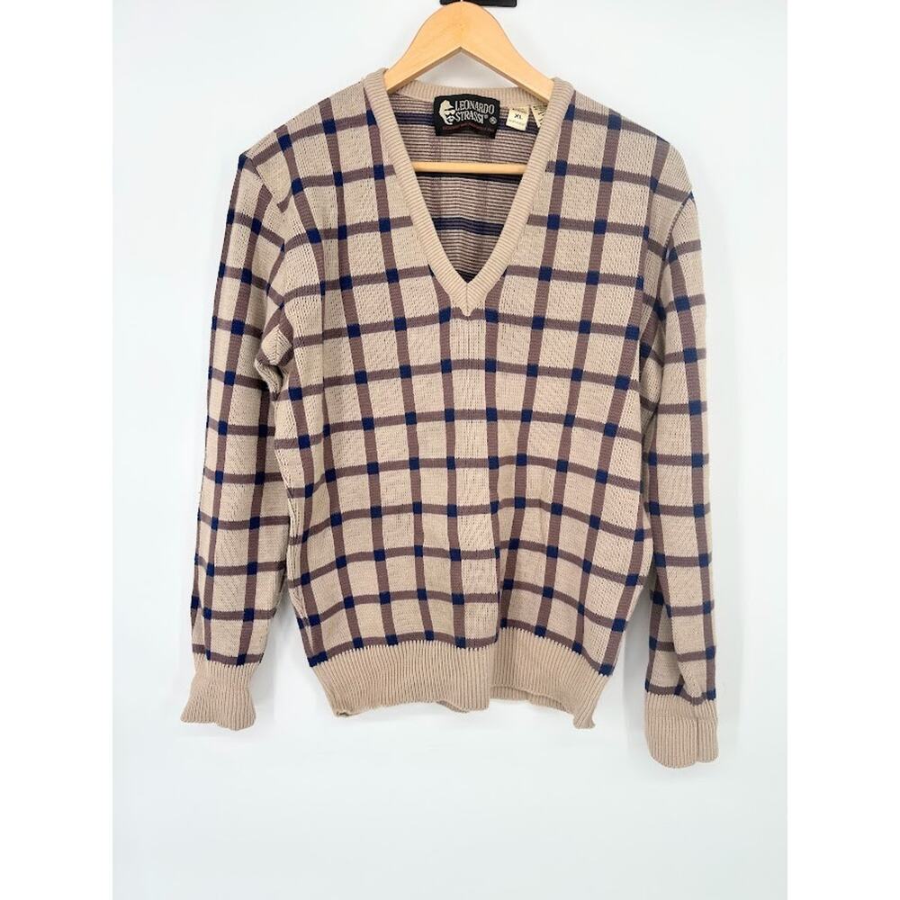 Vintage Leonardo Strassi Plaid Sweater Designer Italy Mens XL Grunge Preppy
